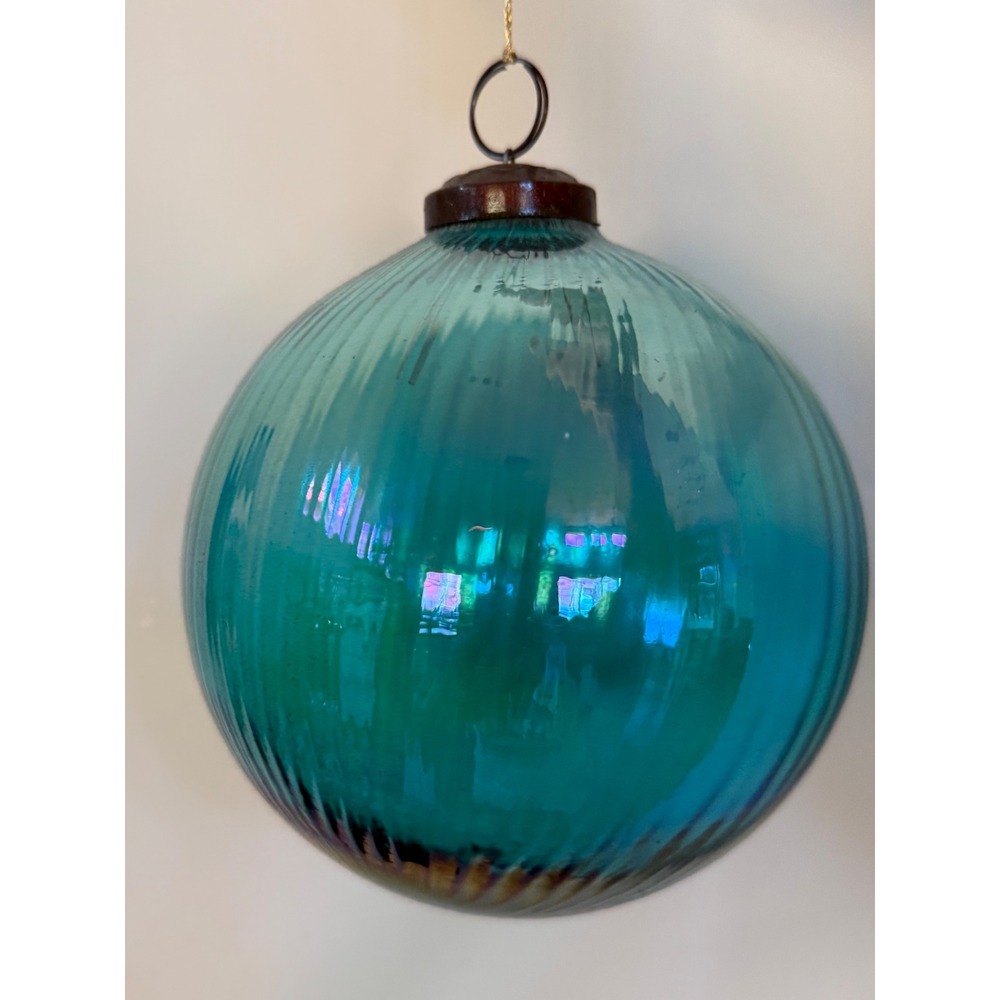 Teal Iridescent Ribbed Heavy Glass Christmas Ornament Sphere Turquoise Round New